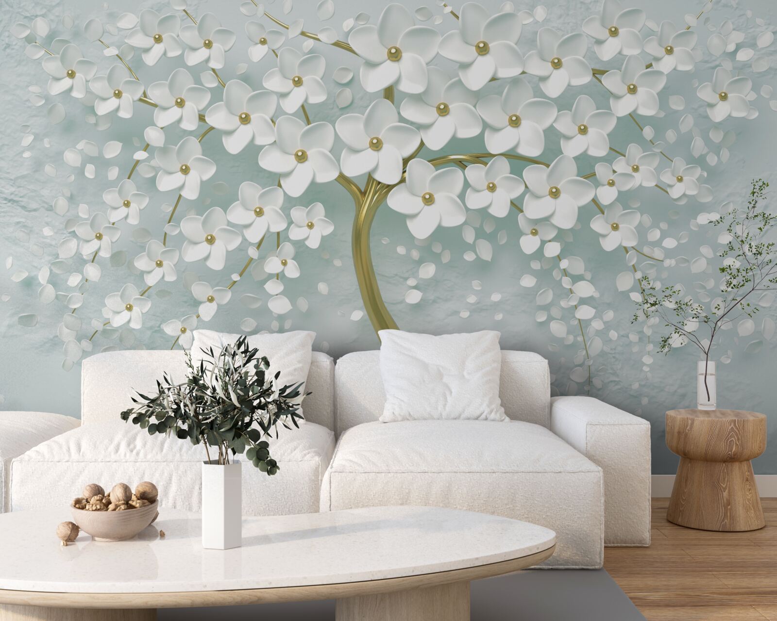 Fotobehang bloem met witte kleren op een boomtak