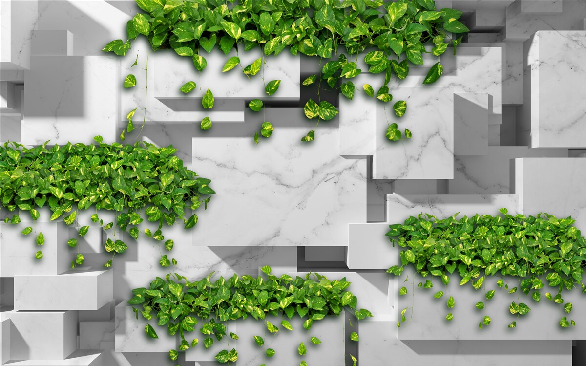 Fotobehang pot met bloemen, groene muur en planten