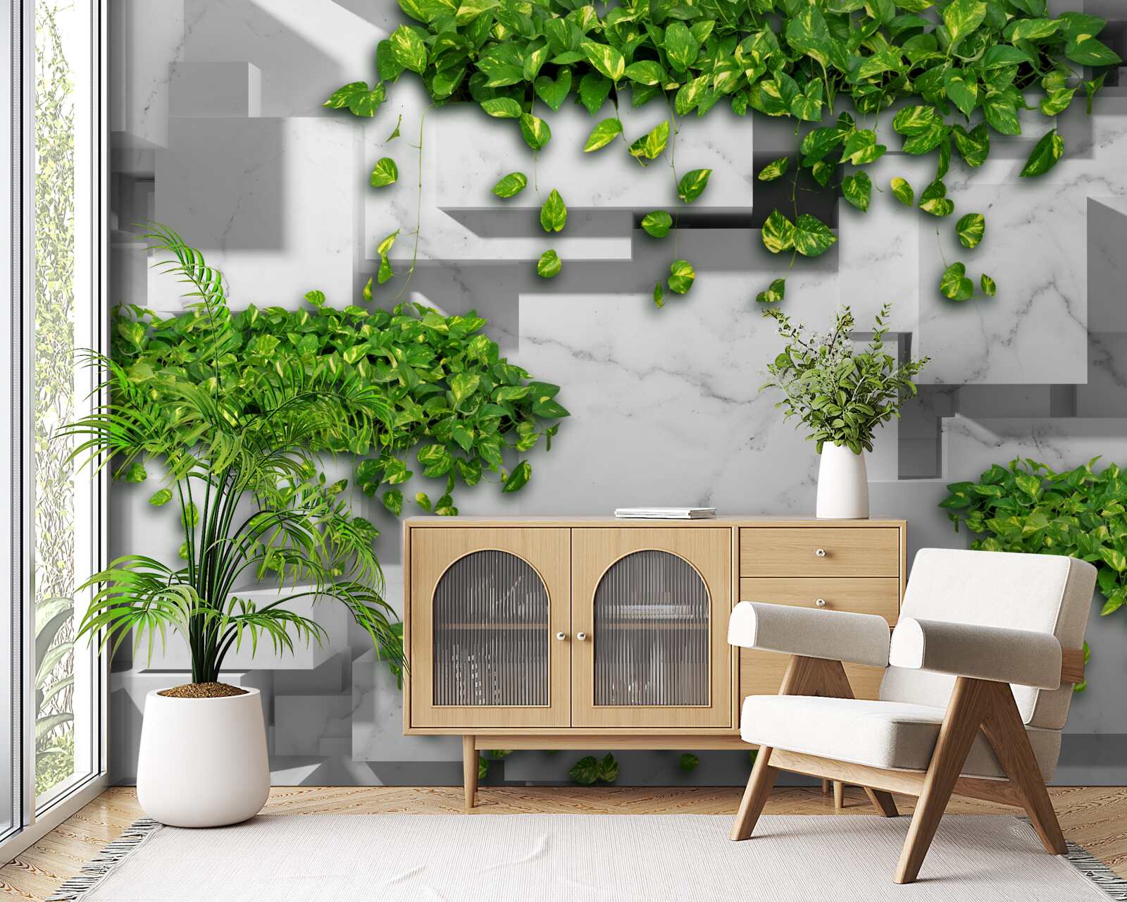 Fotobehang pot met bloemen, groene muur en planten