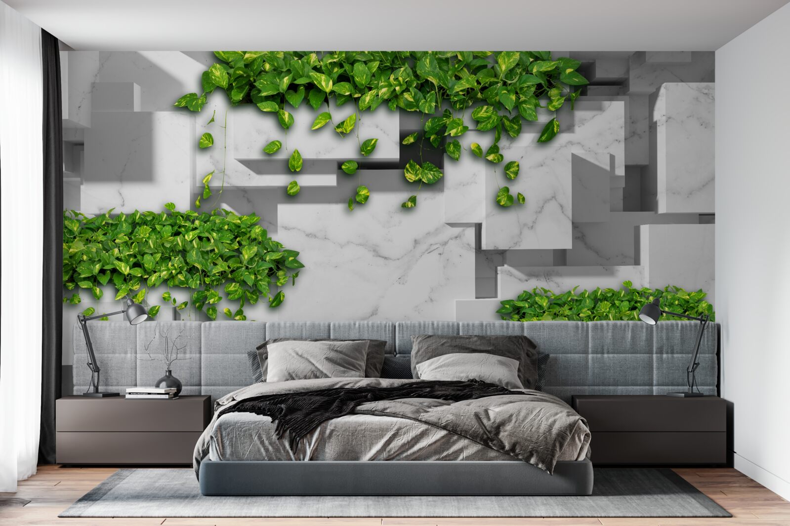 Fotobehang pot met bloemen, groene muur en planten