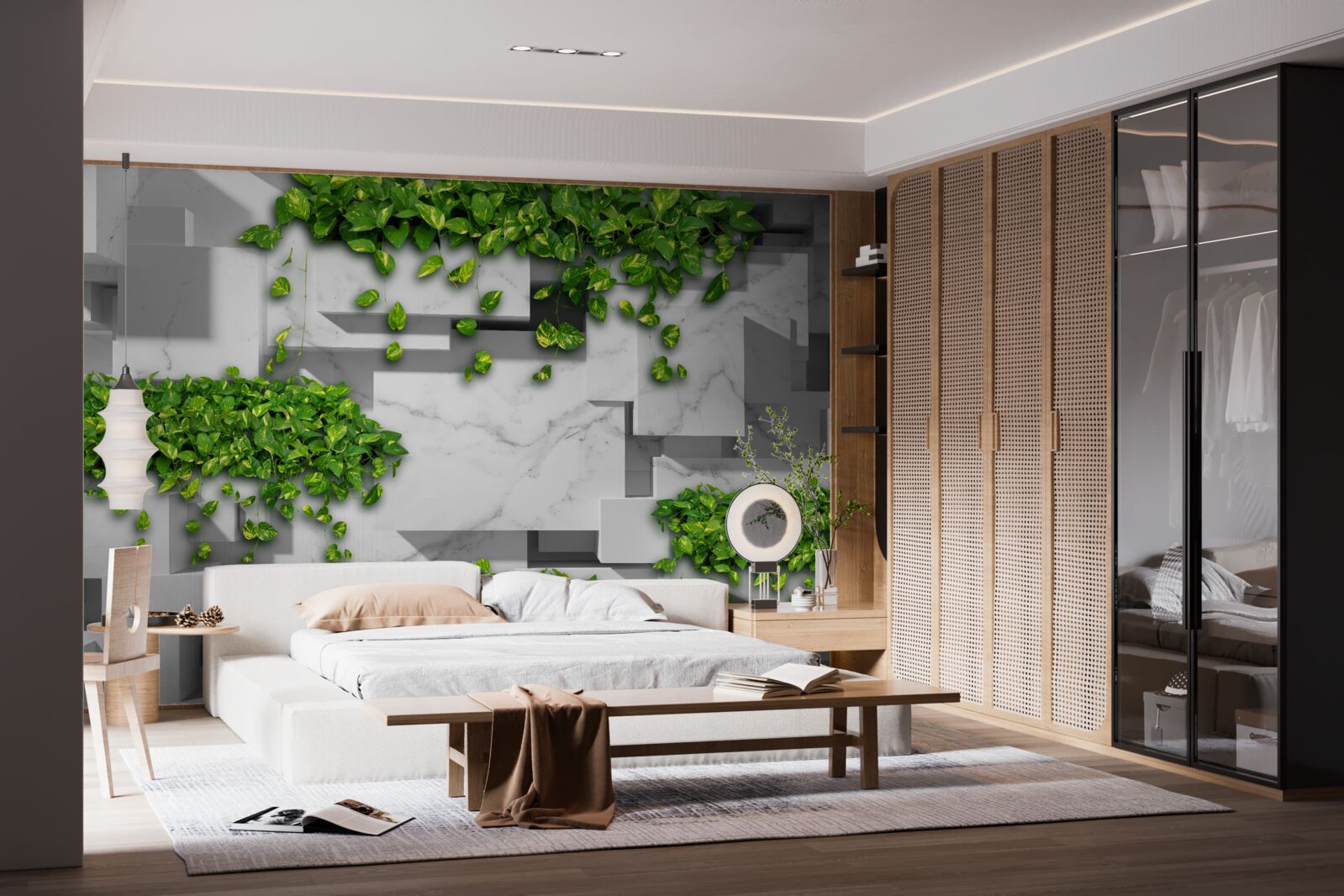 Fotobehang pot met bloemen, groene muur en planten