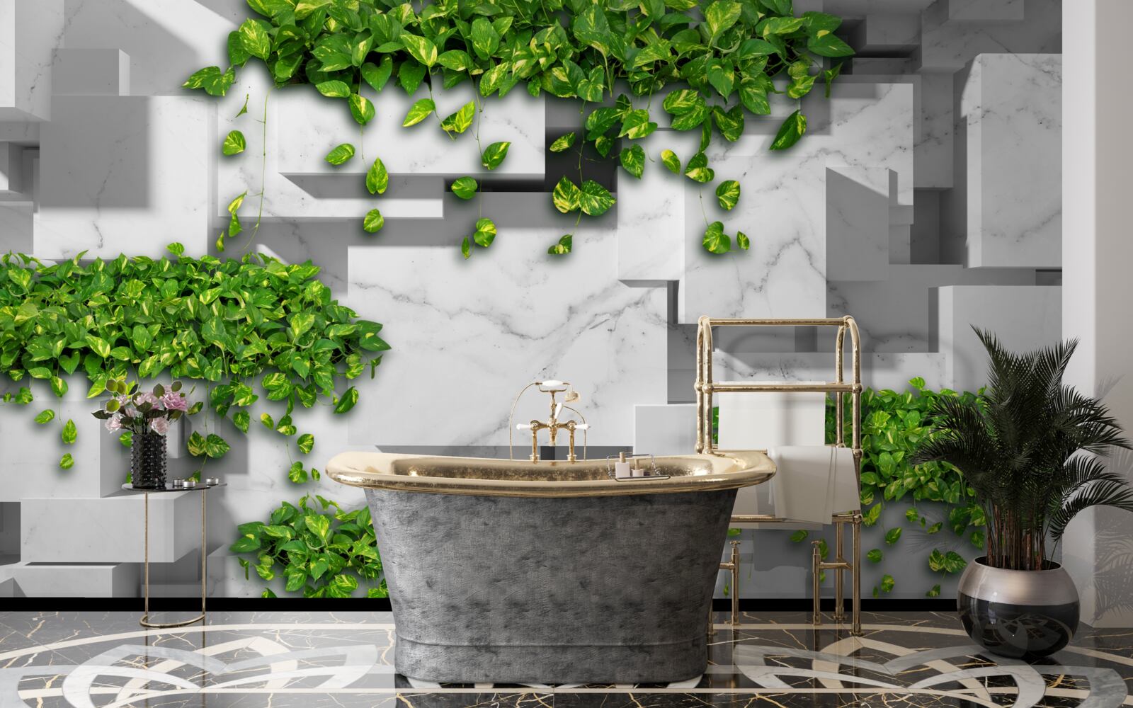 Fotobehang pot met bloemen, groene muur en planten