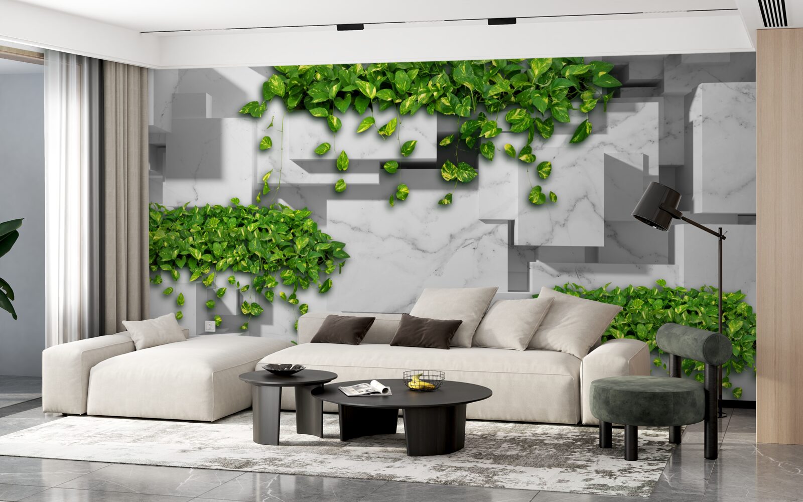 Fotobehang pot met bloemen, groene muur en planten