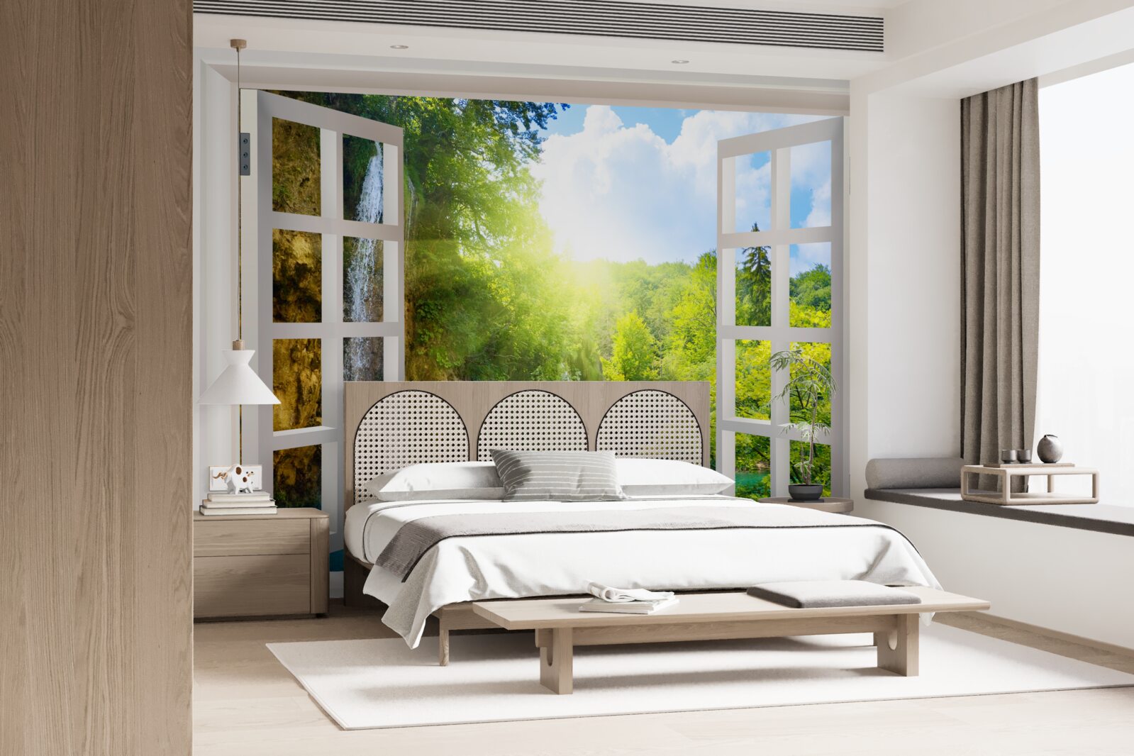 Fotobehang een natuurlandschap zichtbaar buiten het raam en een doordringende tocht