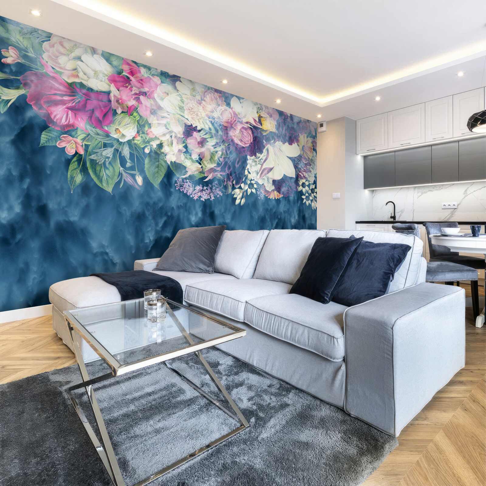 Fotobehang Muur, bank en blauwe schaduw