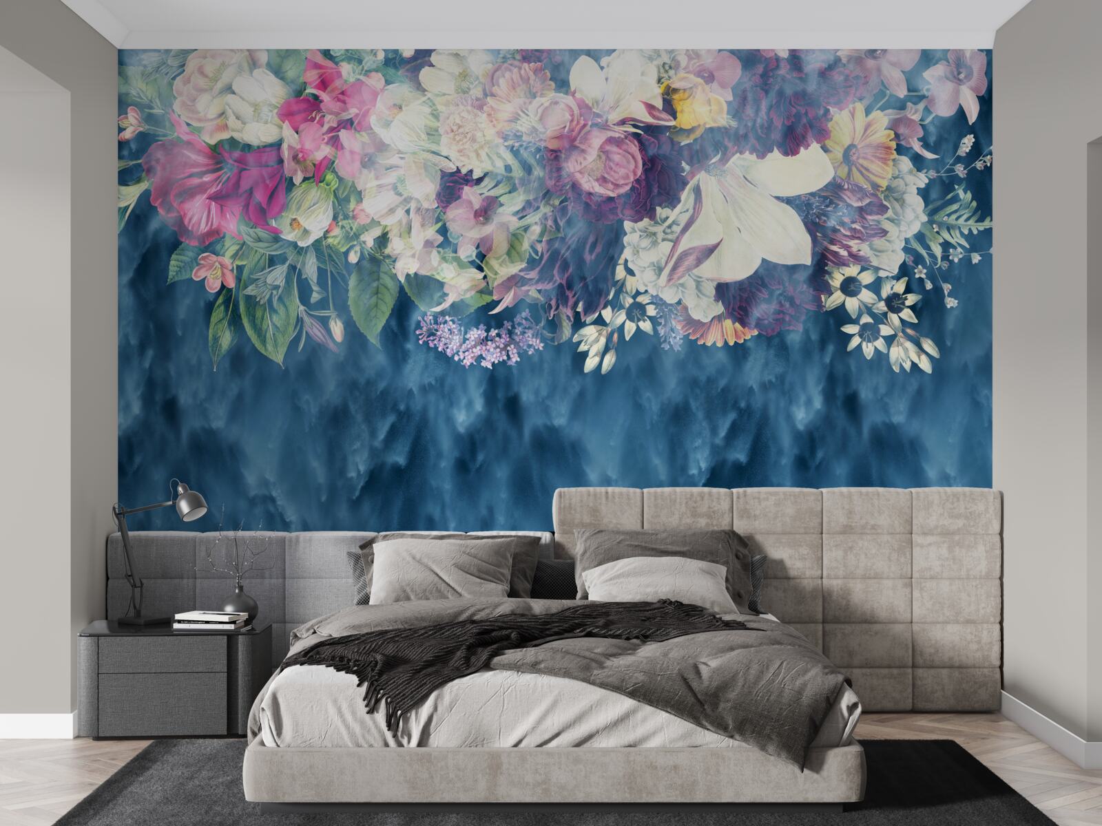 Fotobehang Muur, bank en blauwe schaduw