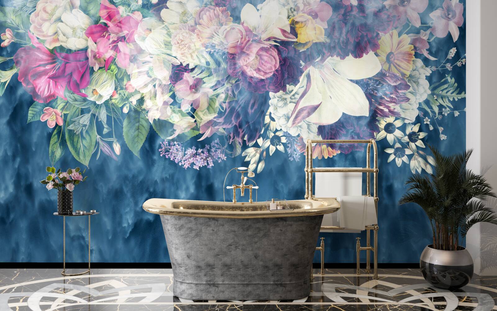 Fotobehang Muur, bank en blauwe schaduw