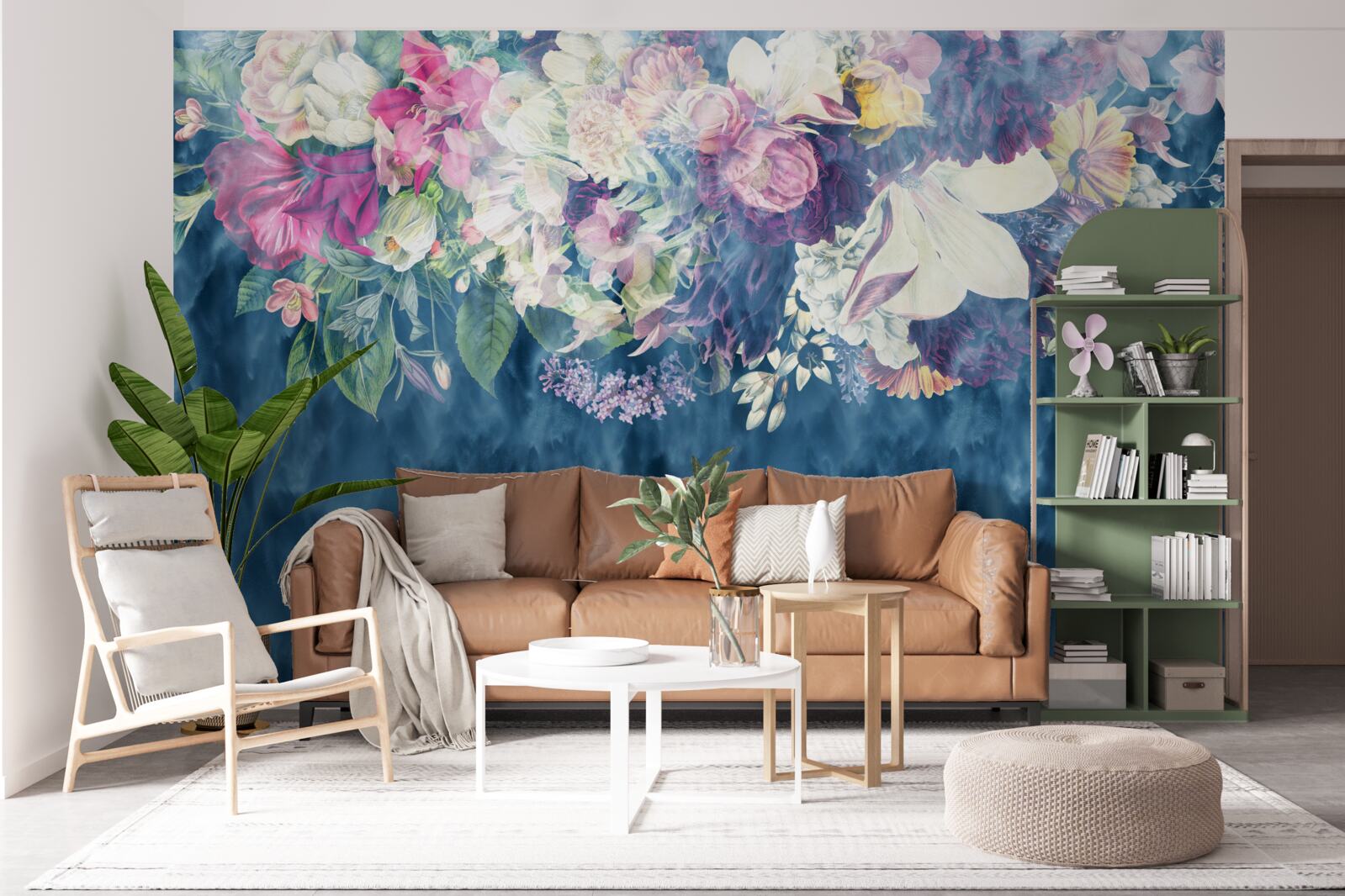 Fotobehang Muur, bank en blauwe schaduw