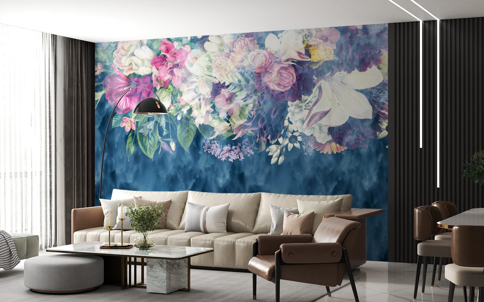 Fotobehang Muur, bank en blauwe schaduw