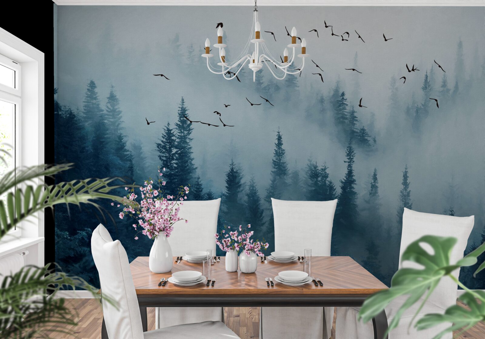 Fotobehang mglisty las