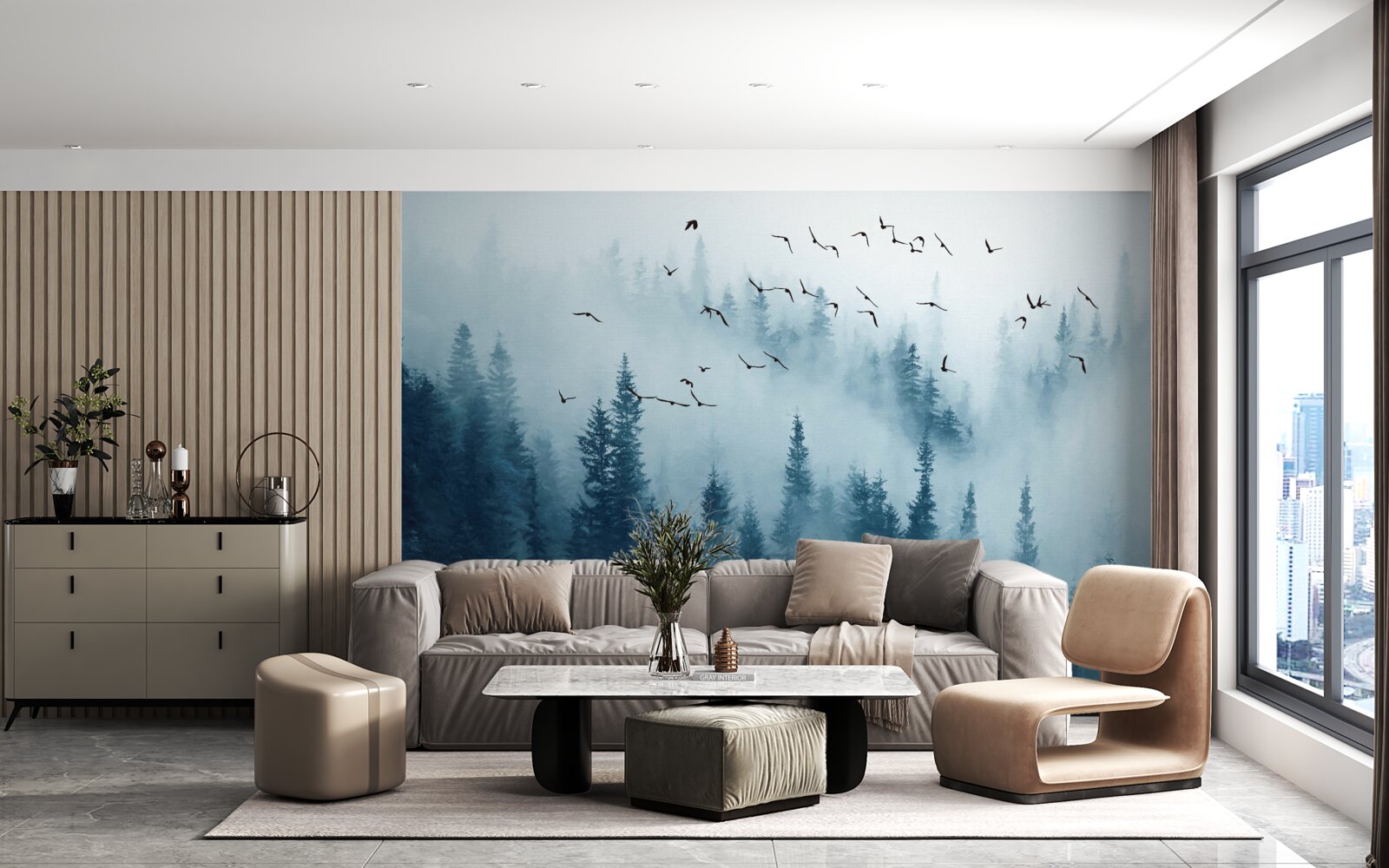 Fotobehang mglisty las