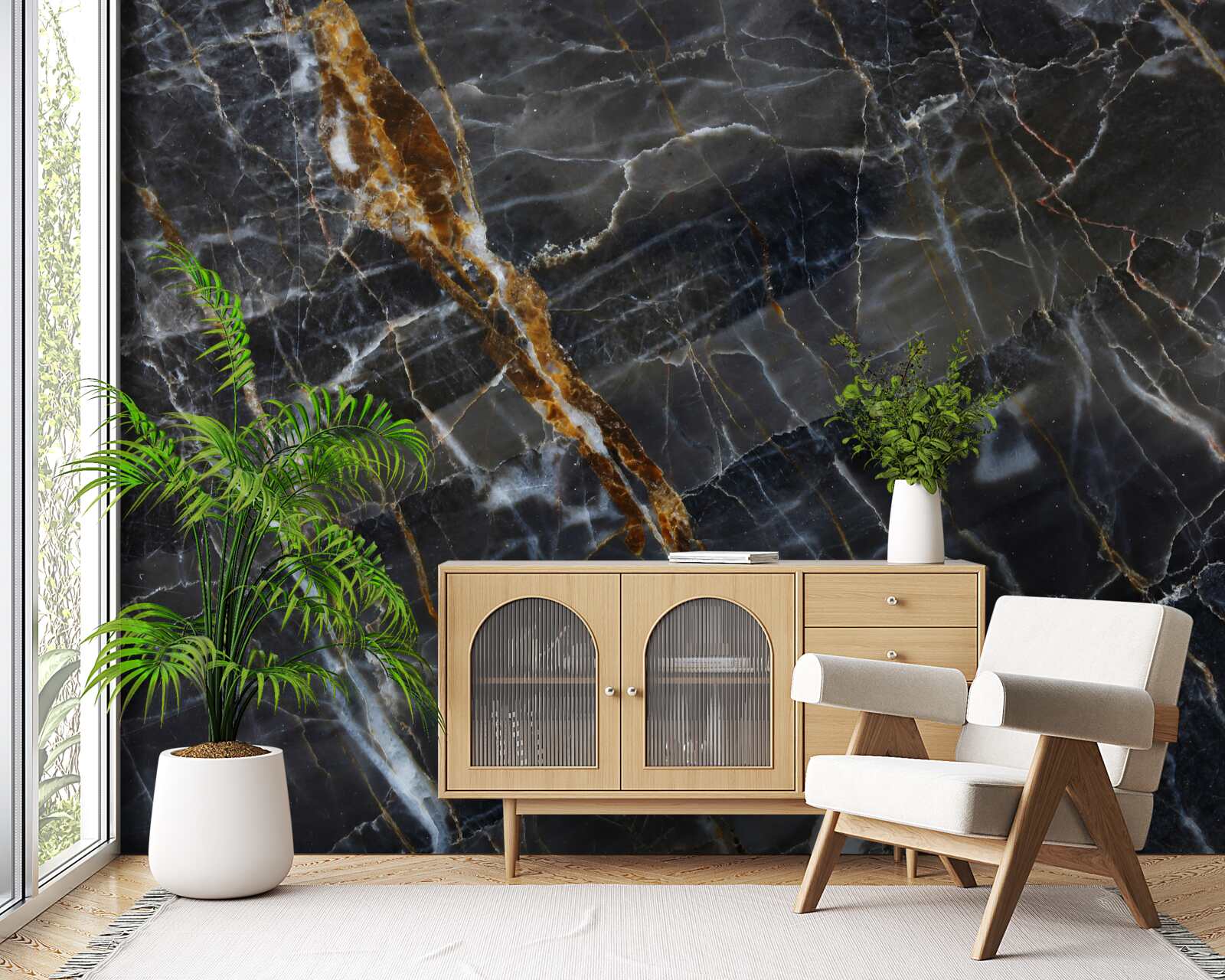 Fotobehang zwart en goud geverfd marmer