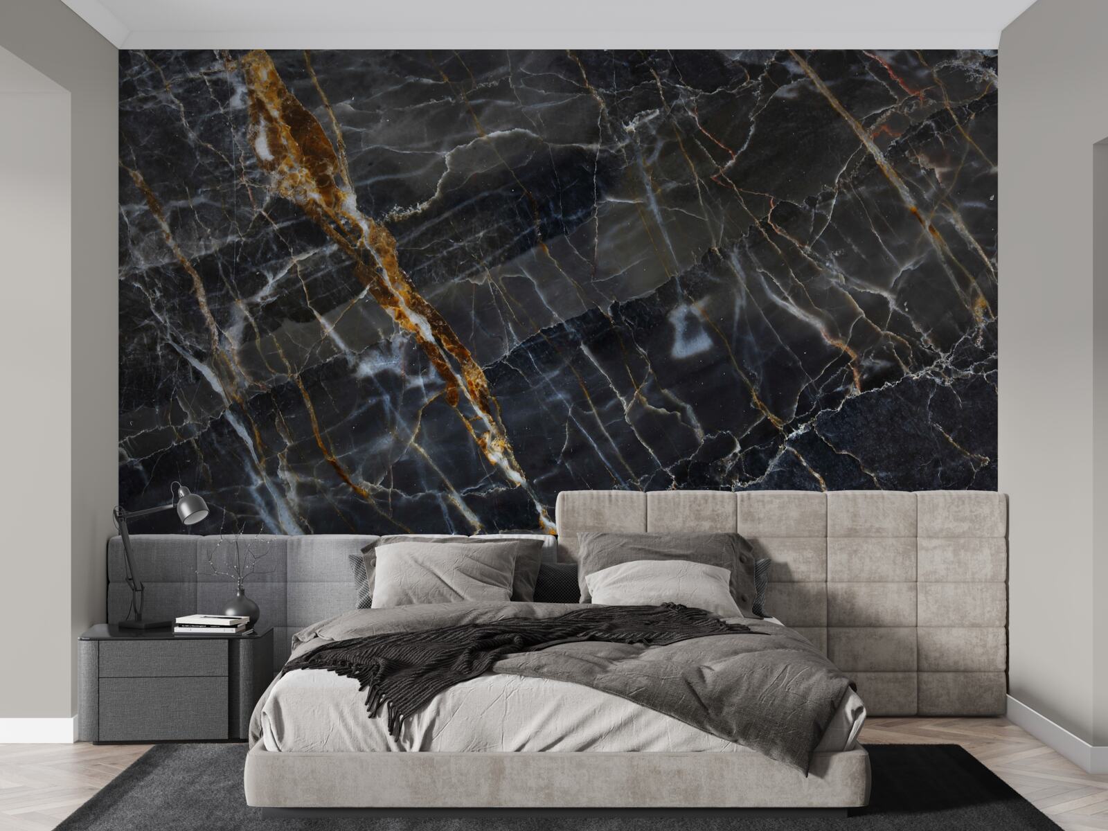 Fotobehang zwart en goud geverfd marmer