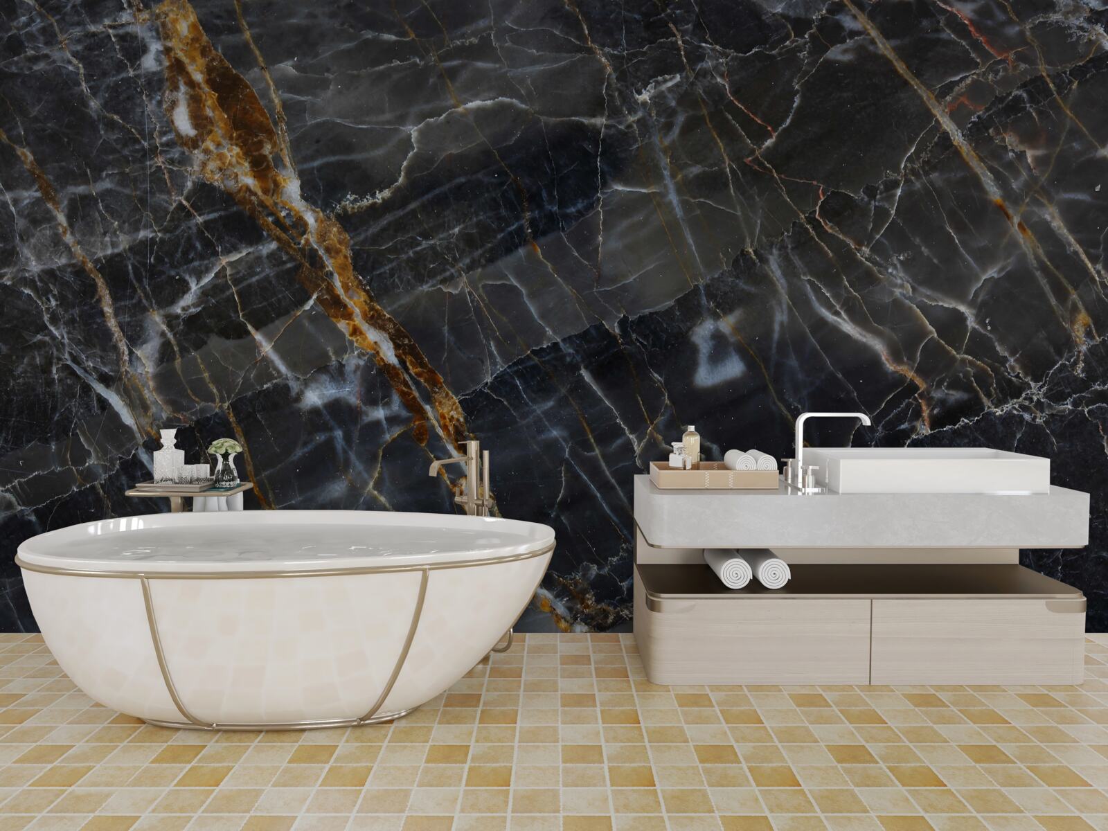 Fotobehang zwart en goud geverfd marmer