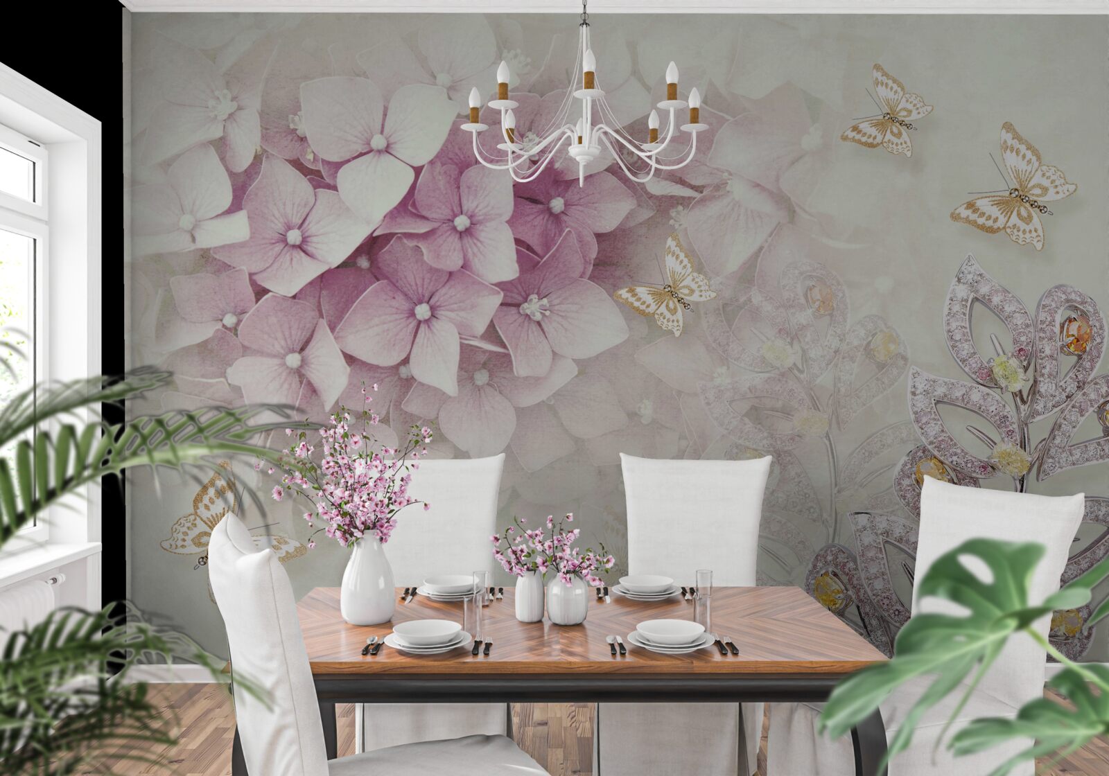 Fotobehang vlinders en rozenknoppen