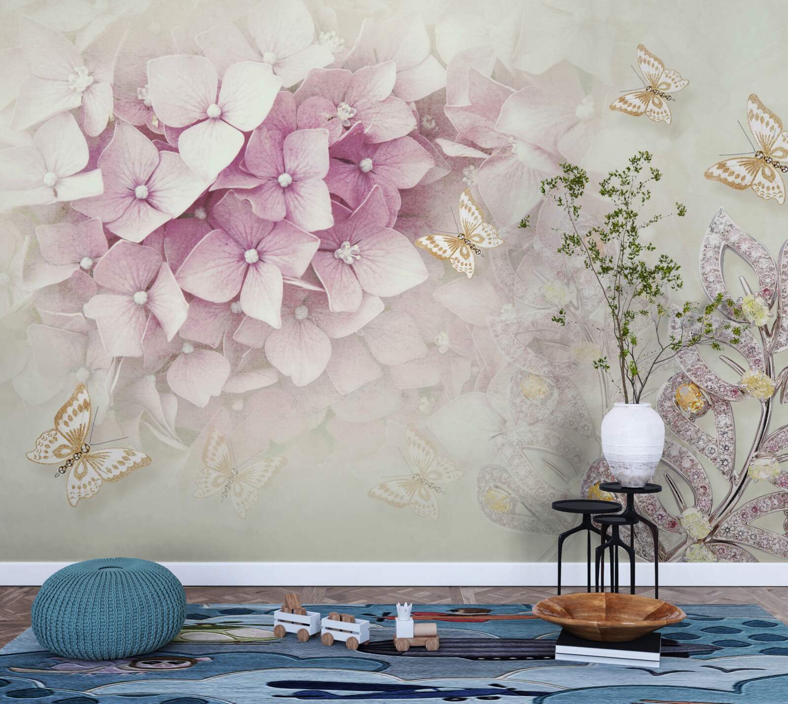 Fotobehang vlinders en rozenknoppen