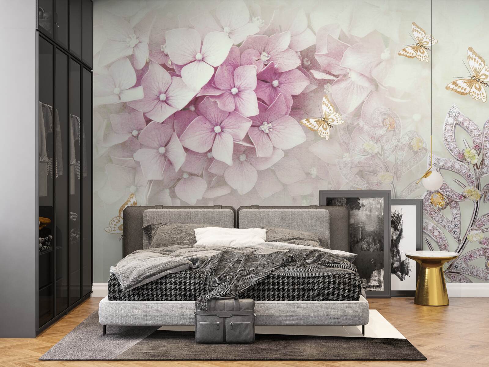 Fotobehang vlinders en rozenknoppen