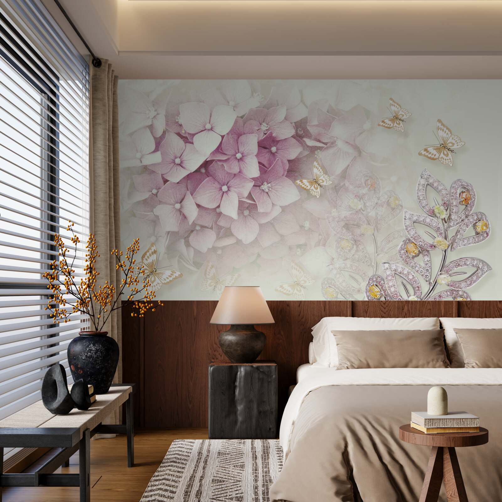 Fotobehang vlinders en rozenknoppen