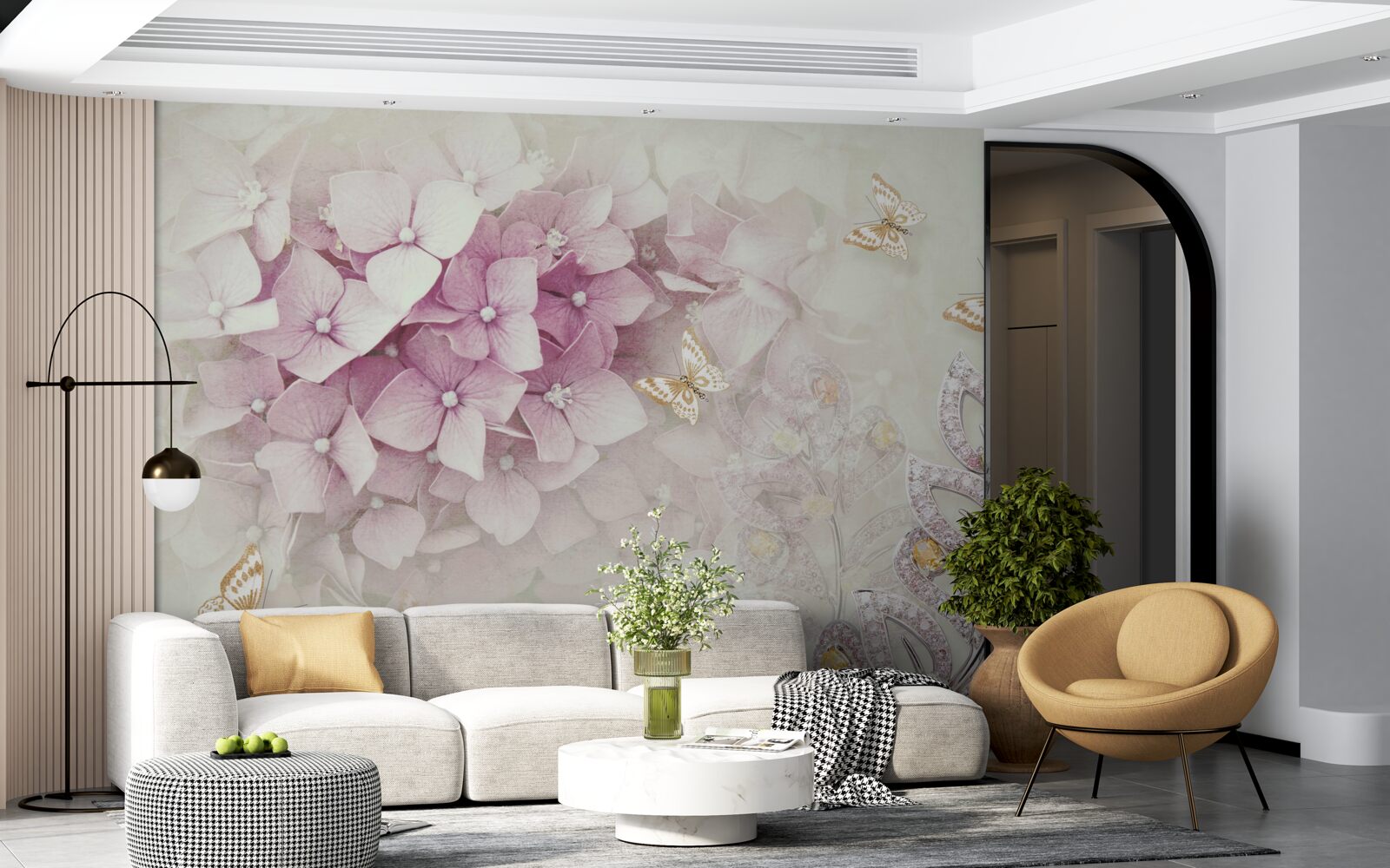 Fotobehang vlinders en rozenknoppen