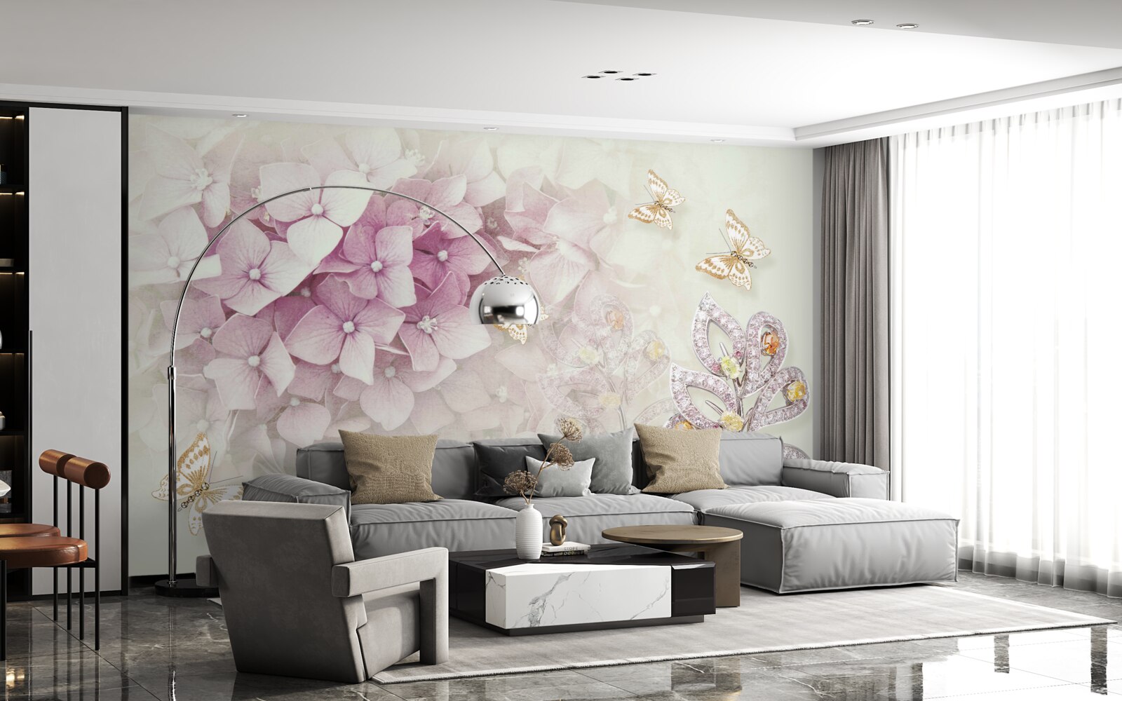 Fotobehang vlinders en rozenknoppen