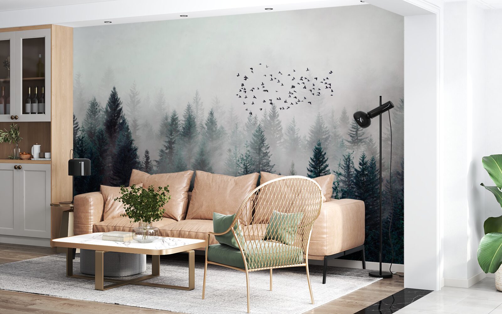 Fotobehang vogels en kerstbomen