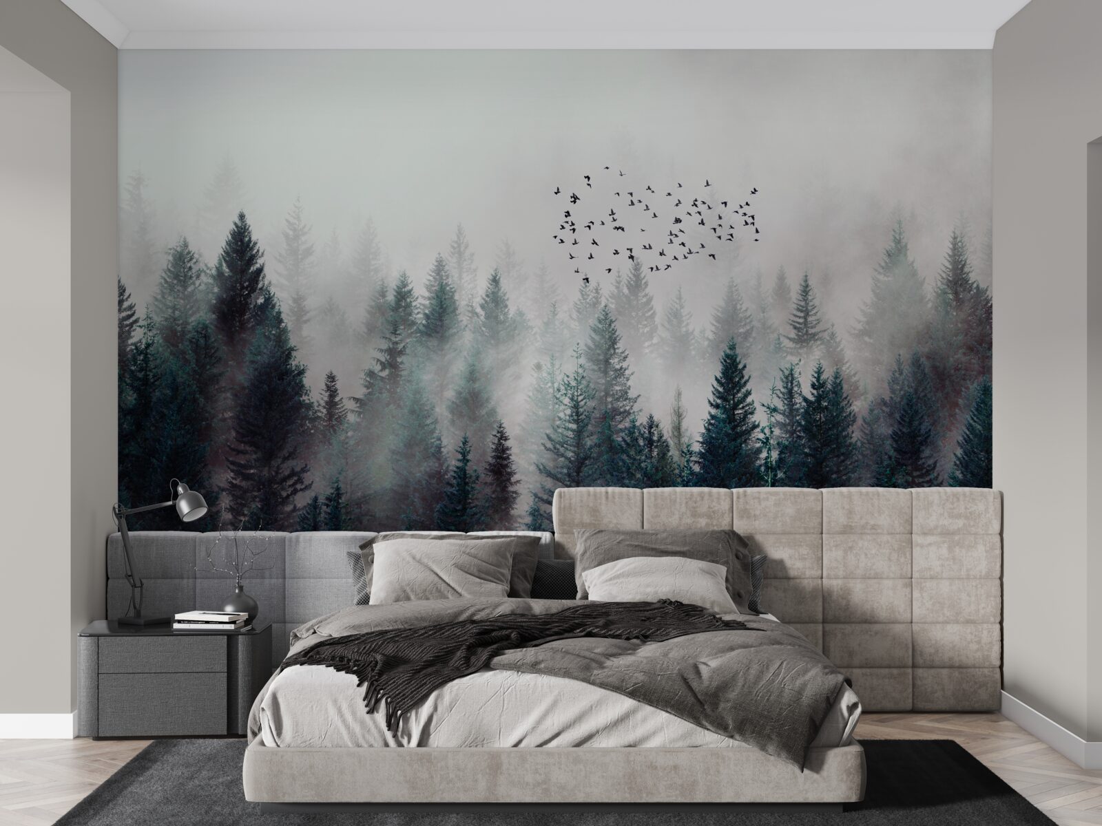 Fotobehang vogels en kerstbomen