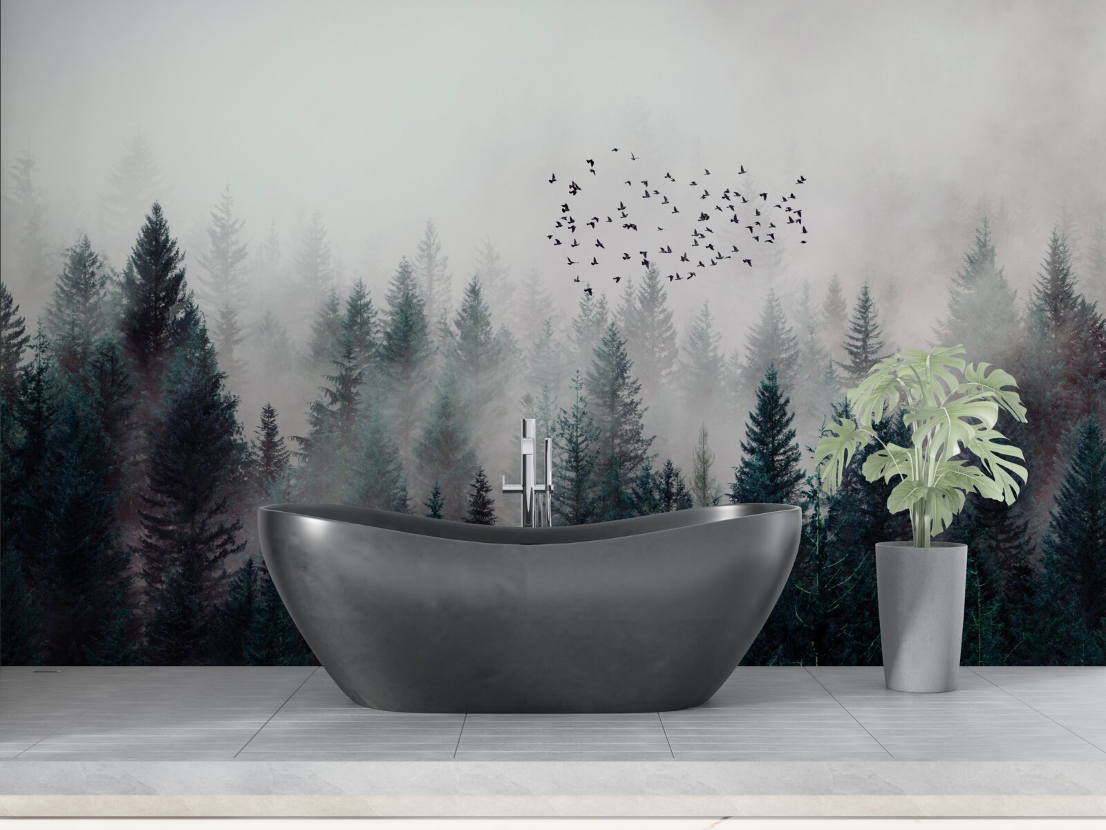 Fotobehang vogels en kerstbomen