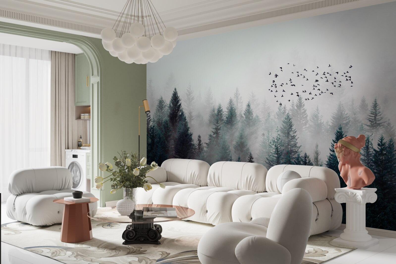 Fotobehang vogels en kerstbomen