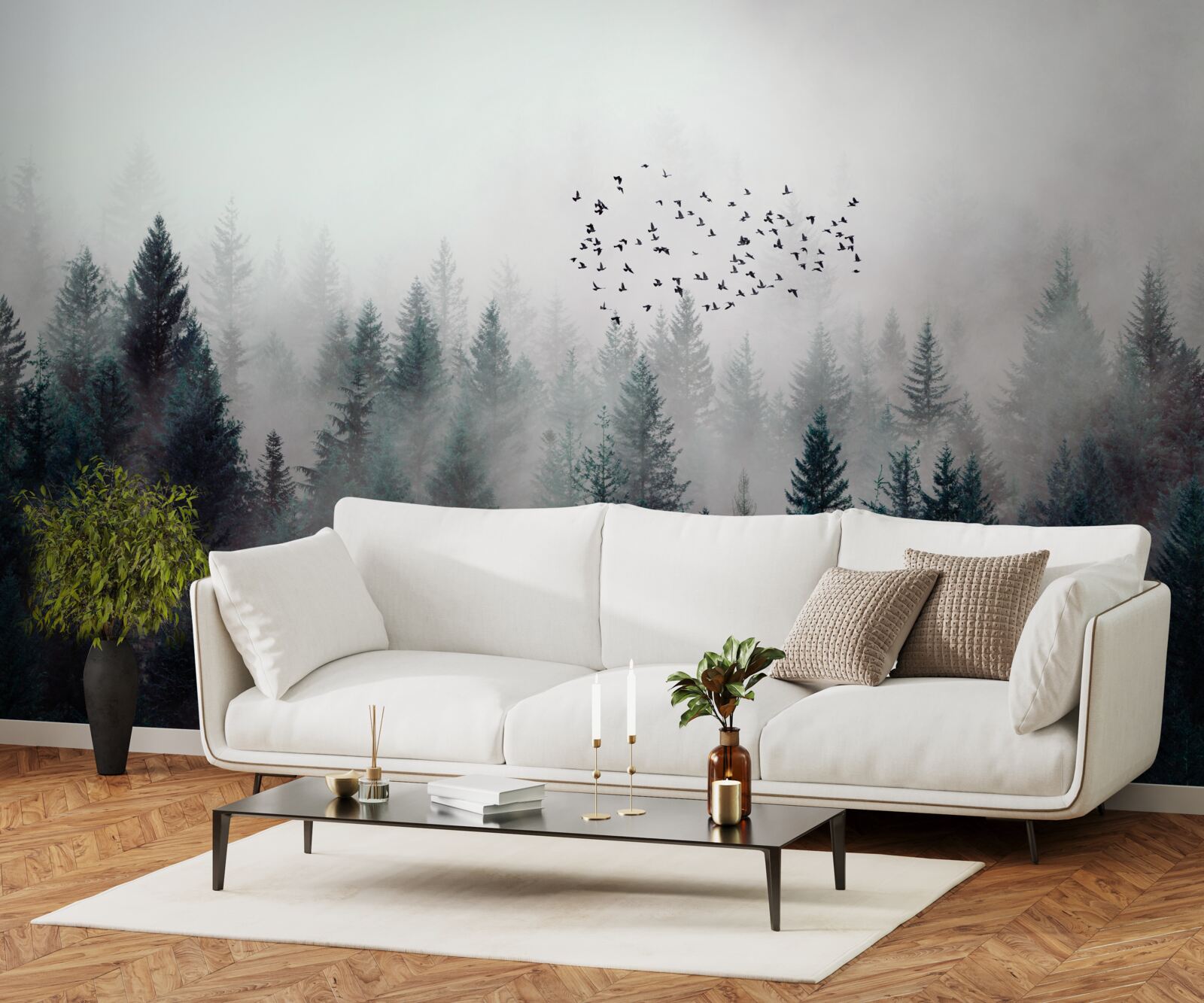 Fotobehang vogels en kerstbomen