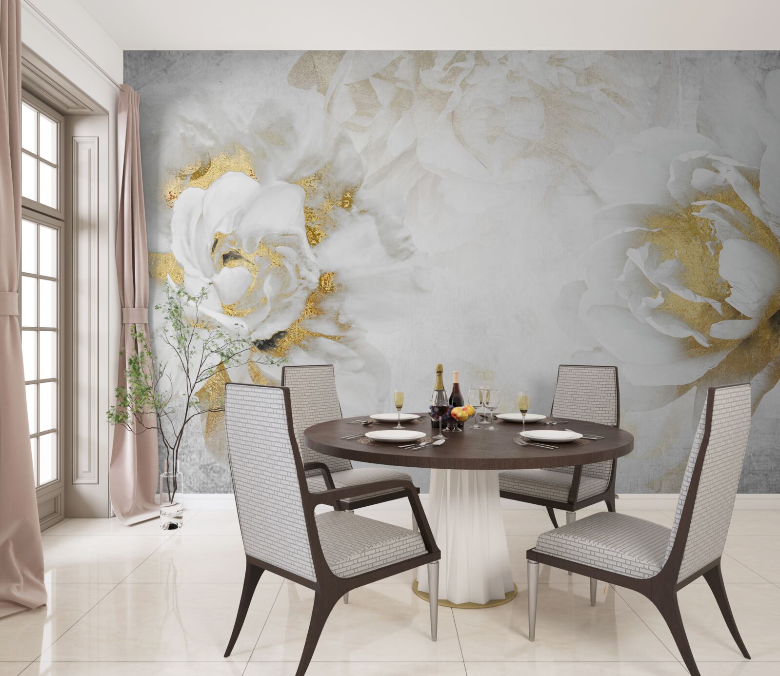 Fotobehang witte bloemen met gouden accenten