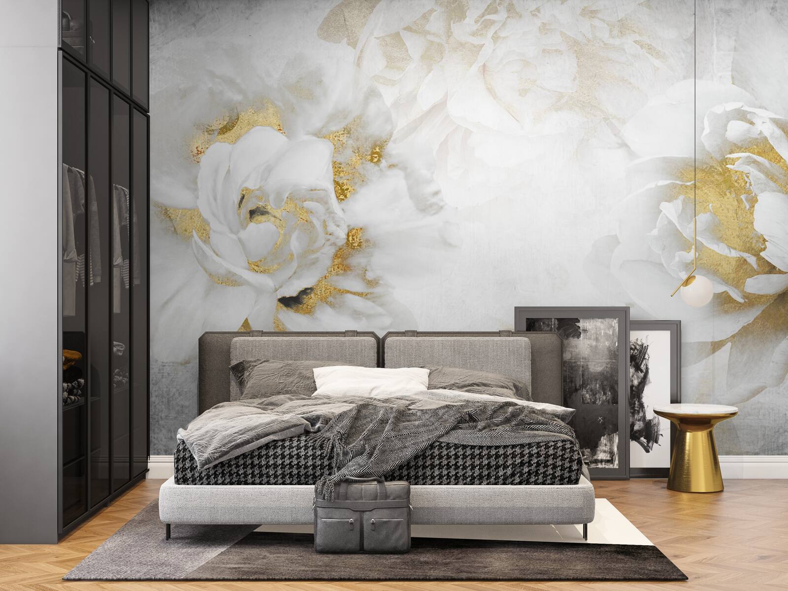 Fotobehang witte bloemen met gouden accenten