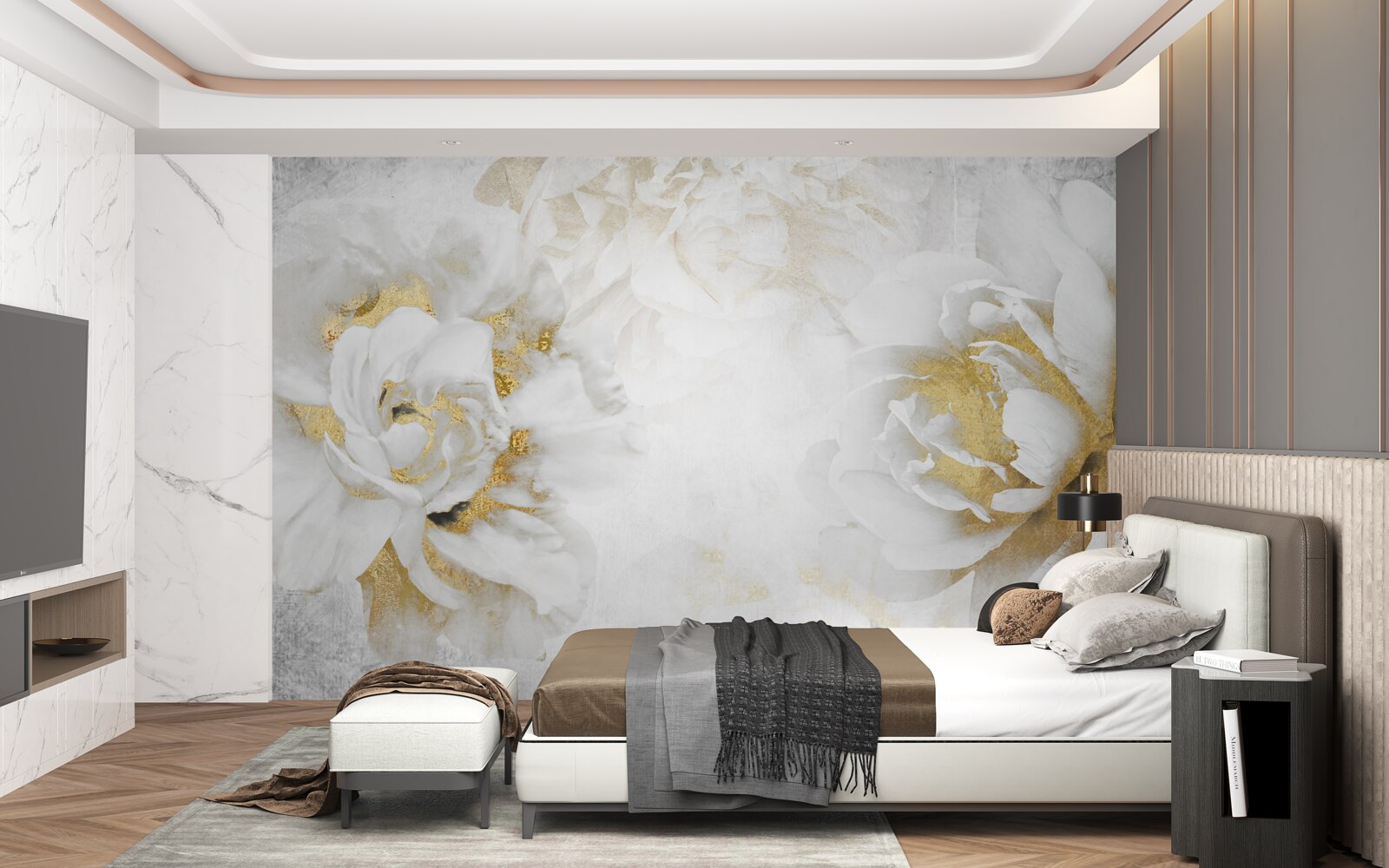 Fotobehang witte bloemen met gouden accenten