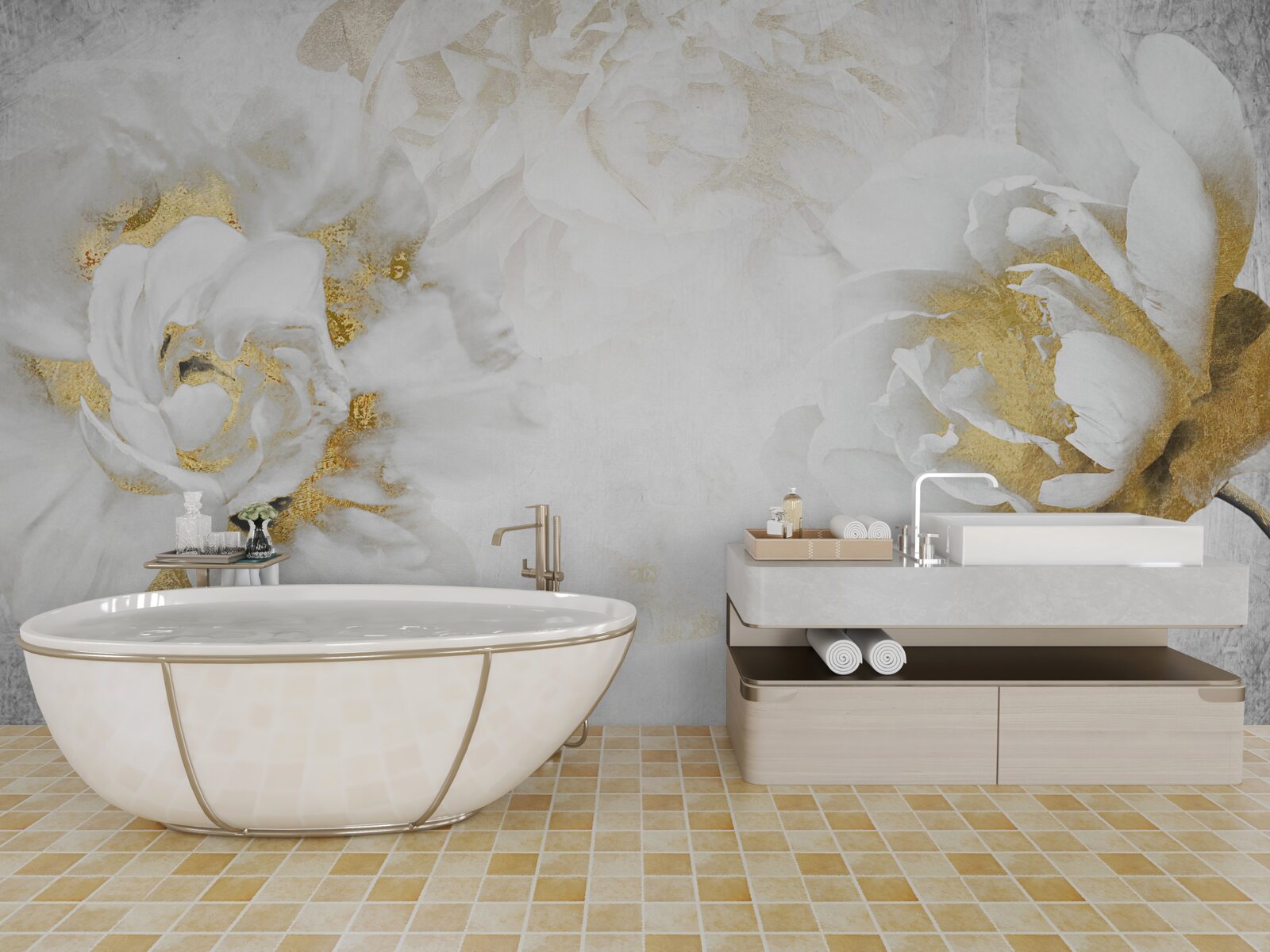 Fotobehang witte bloemen met gouden accenten