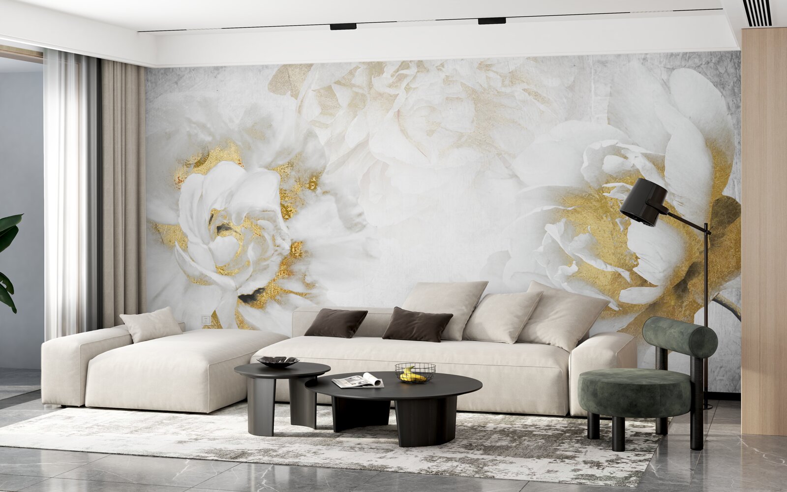 Fotobehang witte bloemen met gouden accenten