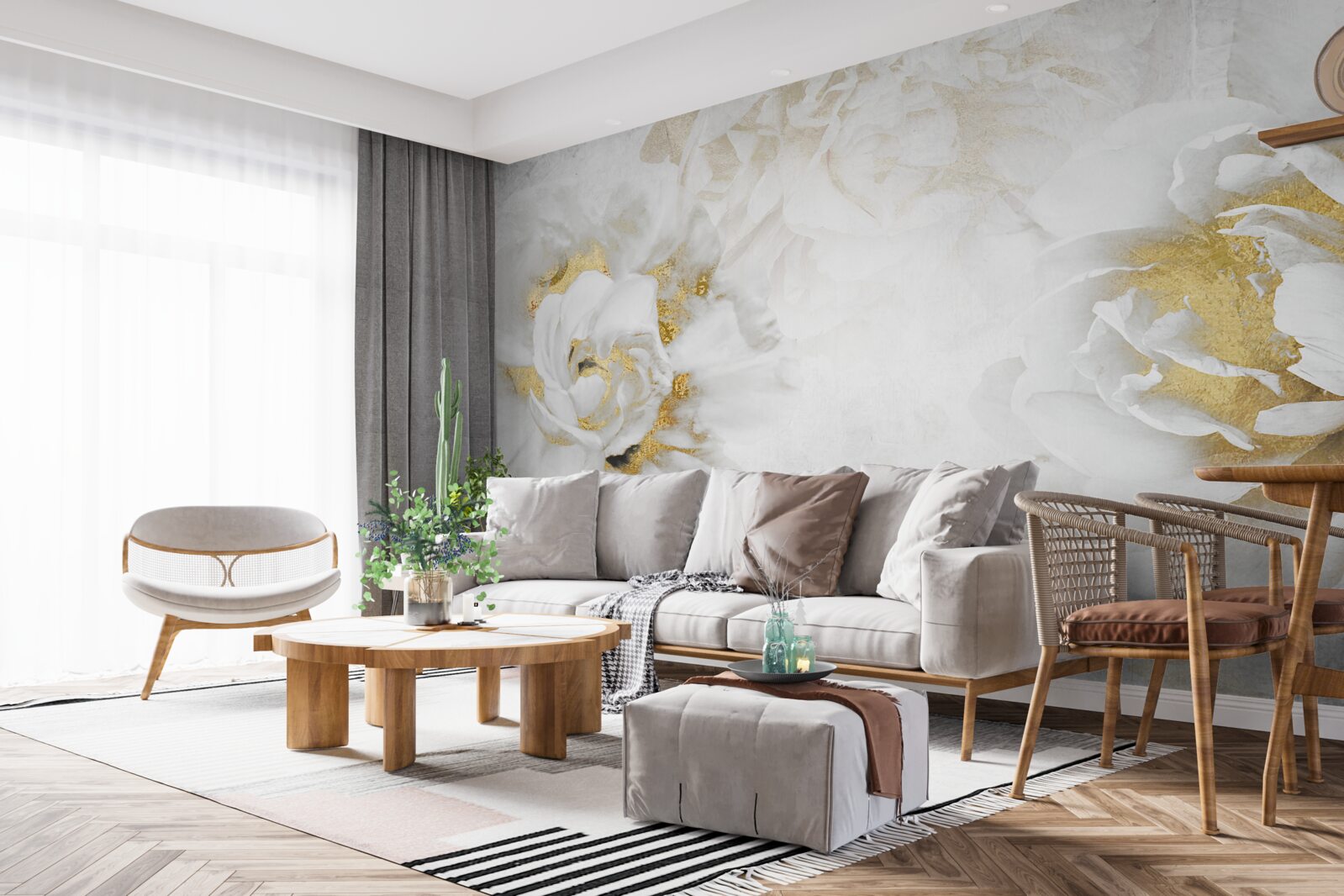 Fotobehang witte bloemen met gouden accenten