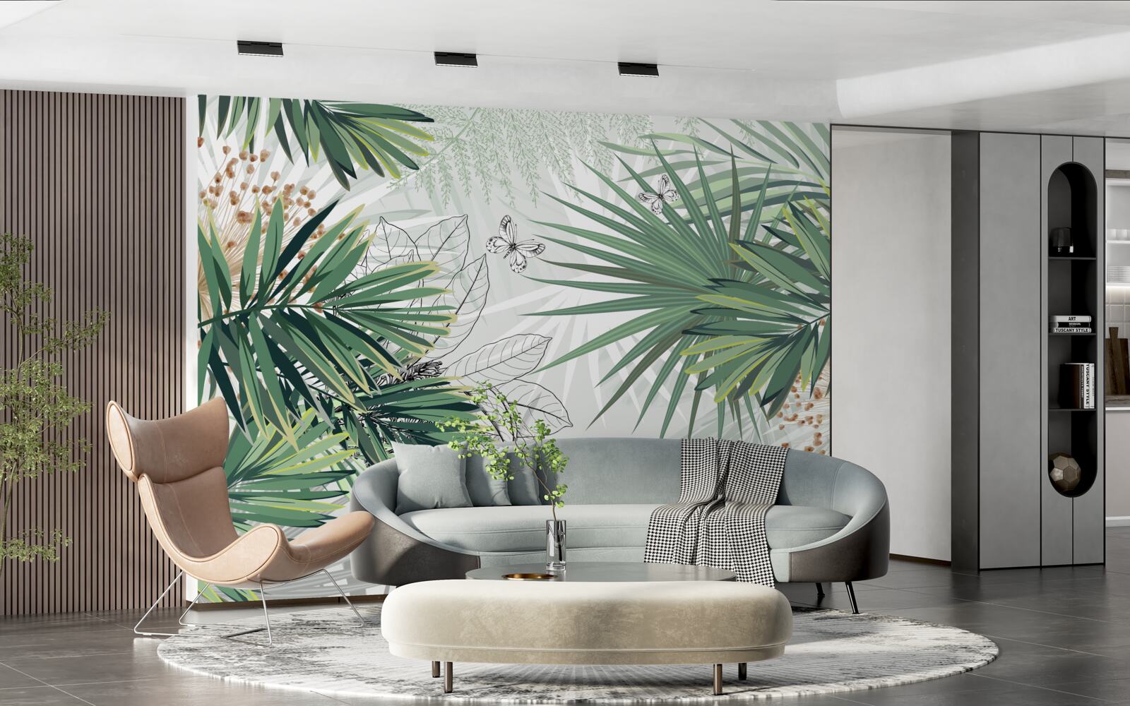 Fotobehang gang, boom en woonkamer