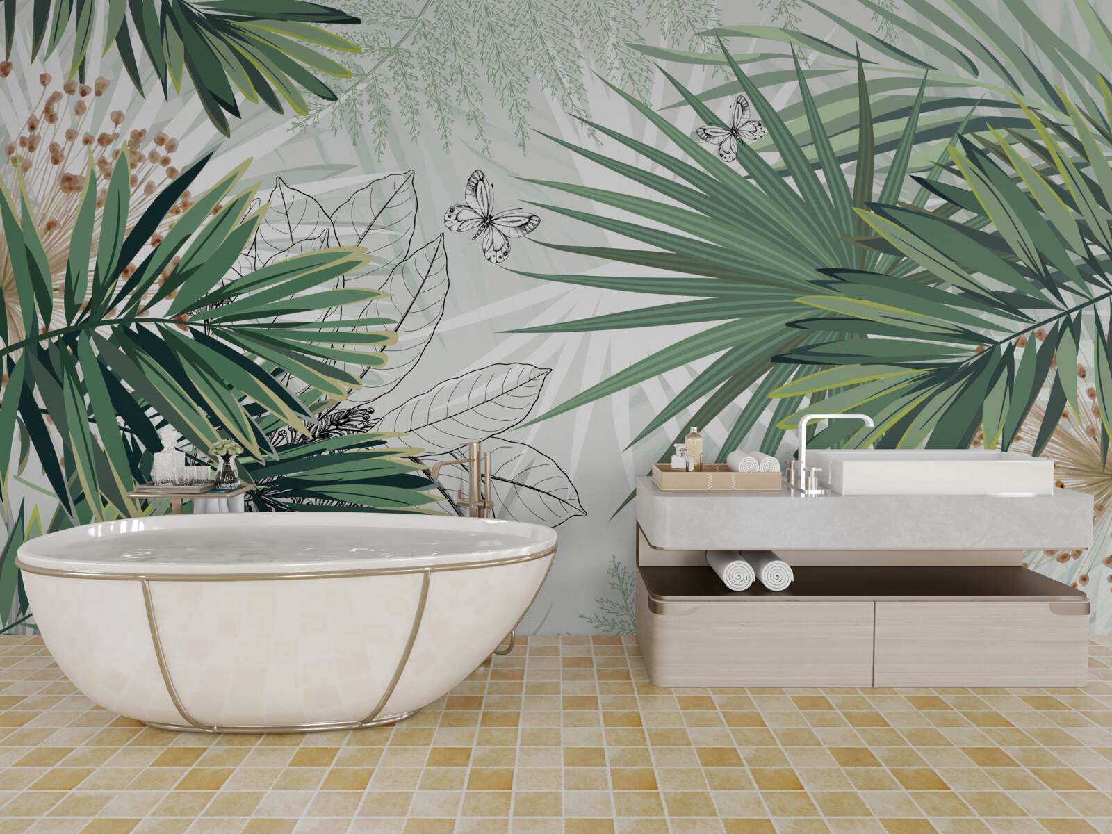 Fotobehang gang, boom en woonkamer