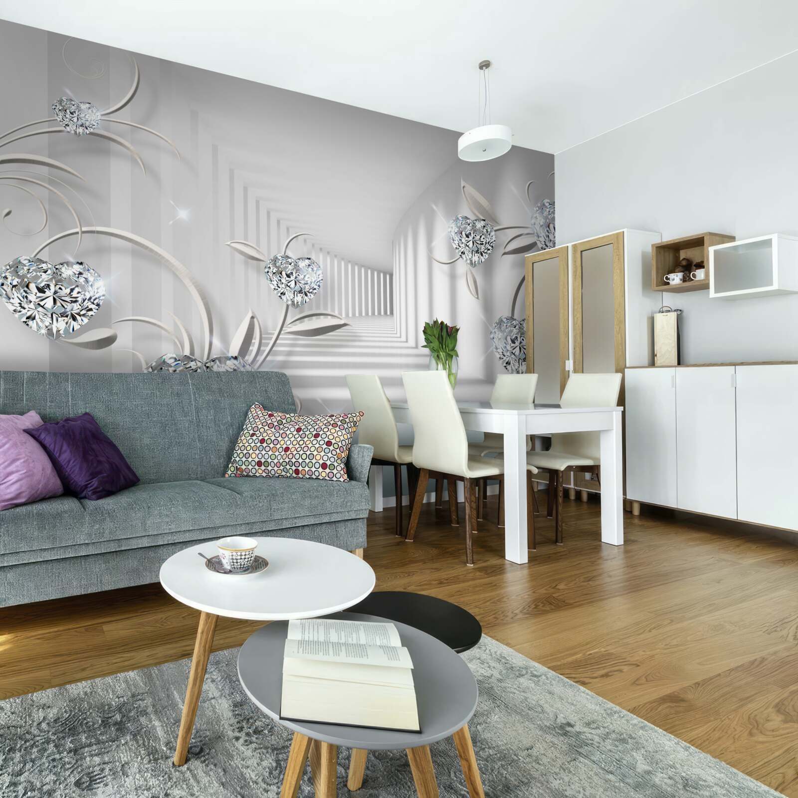 Fotobehang kamer in witte tinten met diamanten