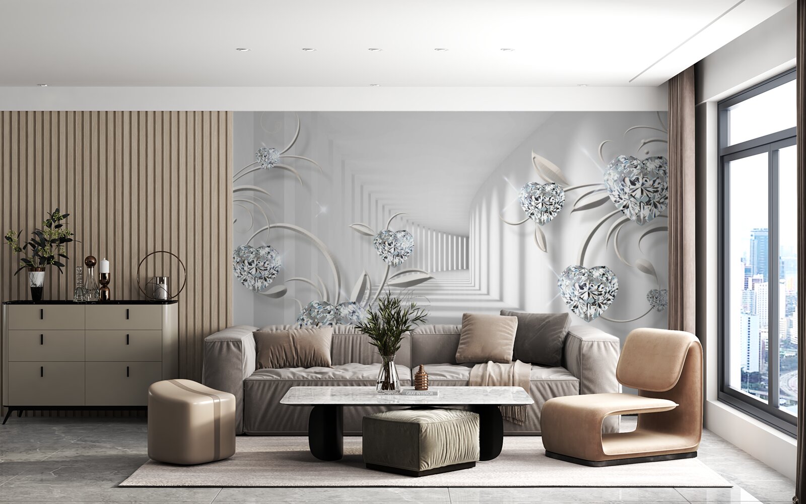 Fotobehang kamer in witte tinten met diamanten