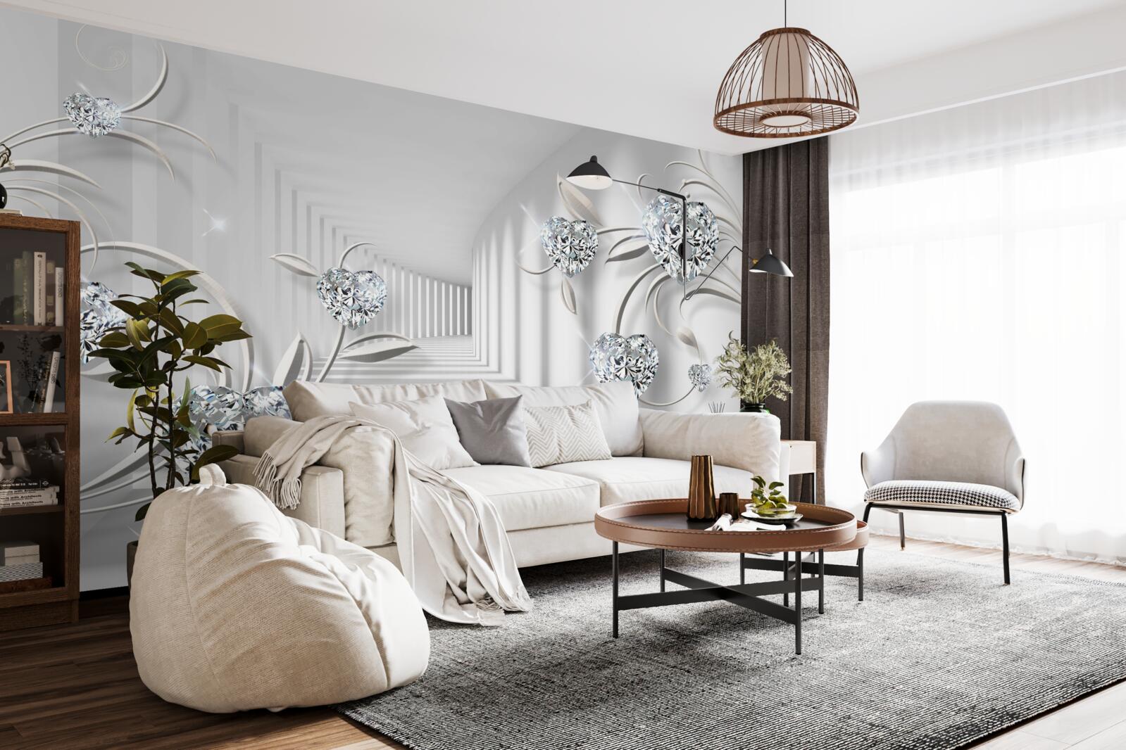 Fotobehang kamer in witte tinten met diamanten