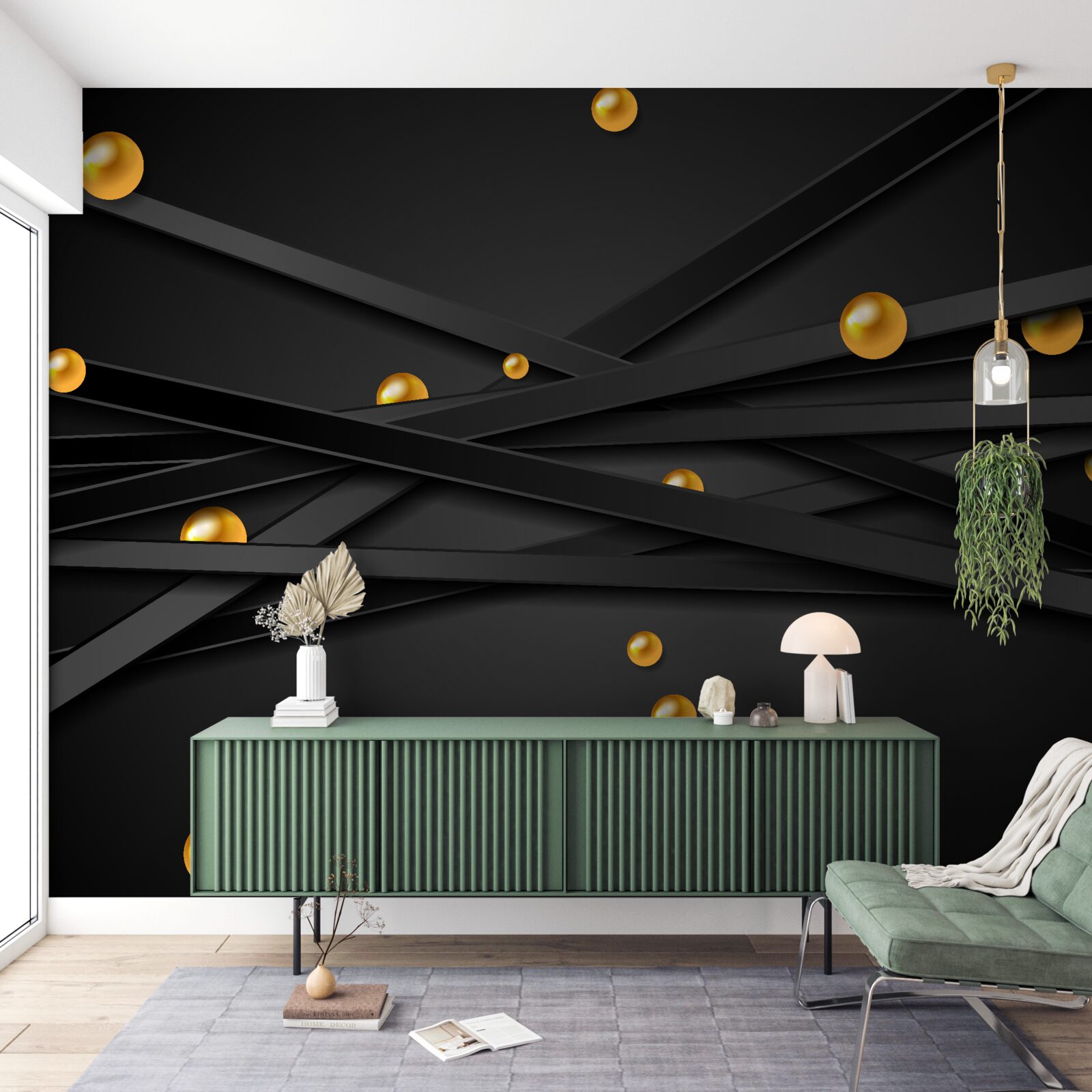 Fotobehang gouden cirkels hangen aan de muur