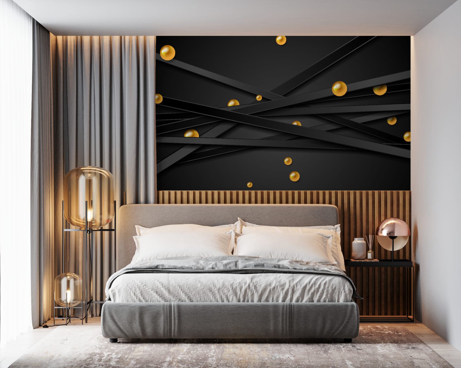 Fotobehang gouden cirkels hangen aan de muur