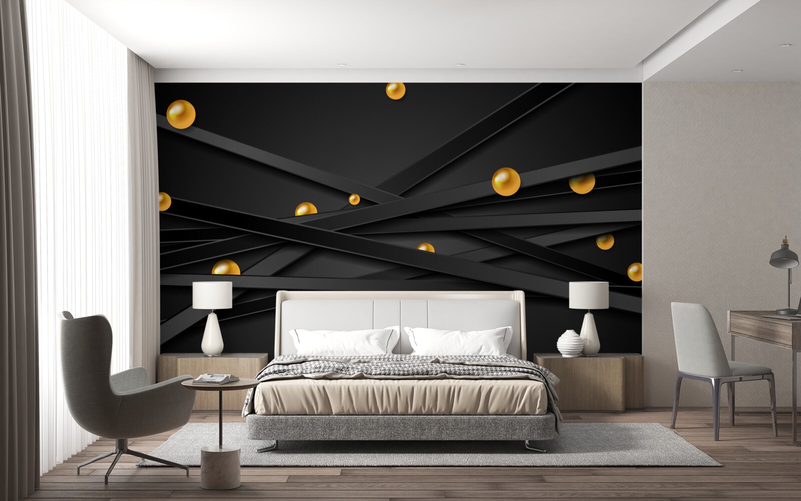 Fotobehang gouden cirkels hangen aan de muur