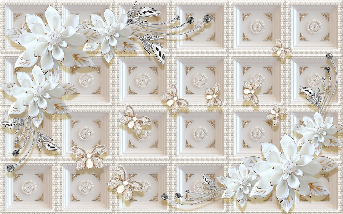 Fotobehang witte bloemen op een muurschildering