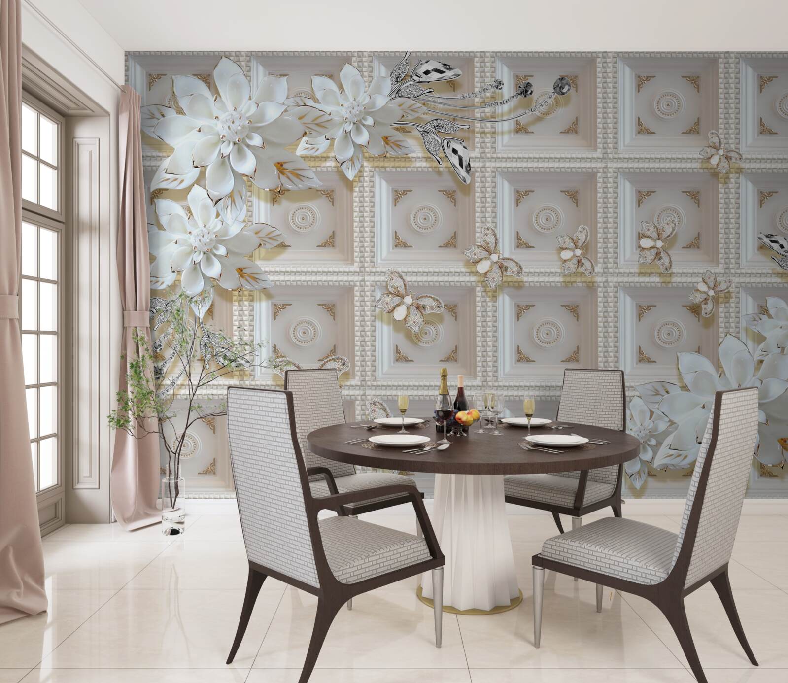 Fotobehang witte bloemen op een muurschildering