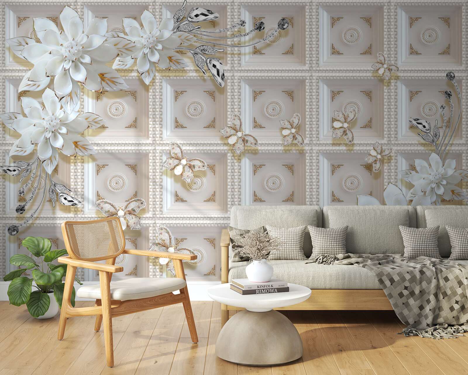 Fotobehang witte bloemen op een muurschildering