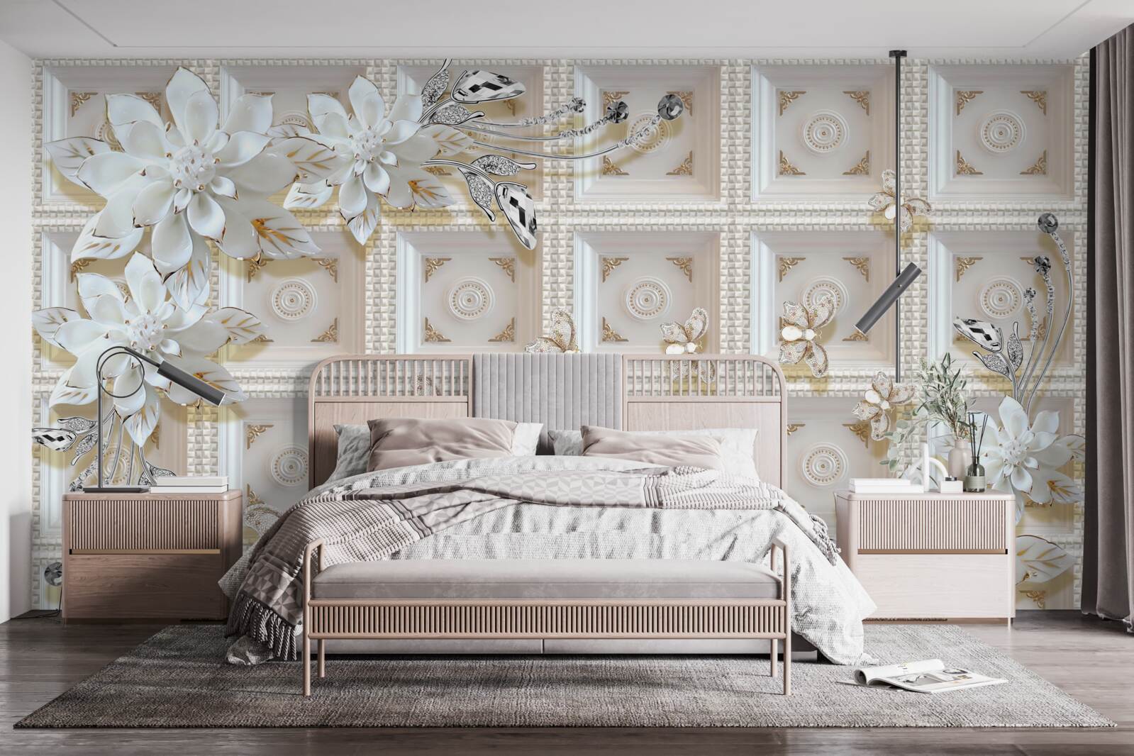 Fotobehang witte bloemen op een muurschildering