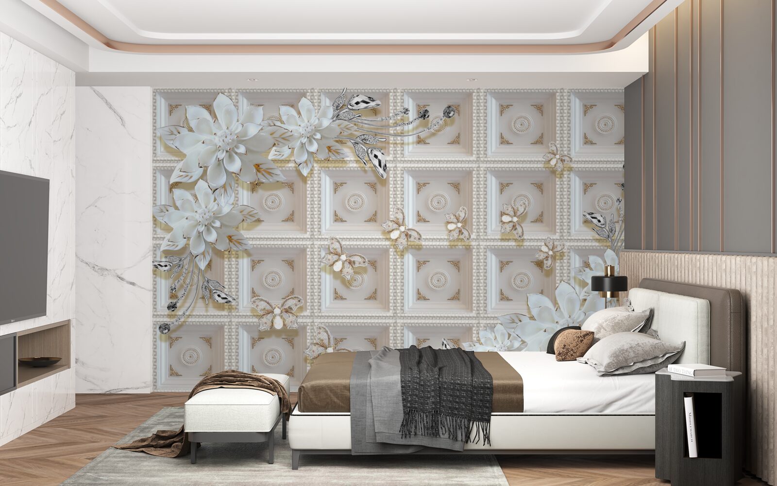 Fotobehang witte bloemen op een muurschildering