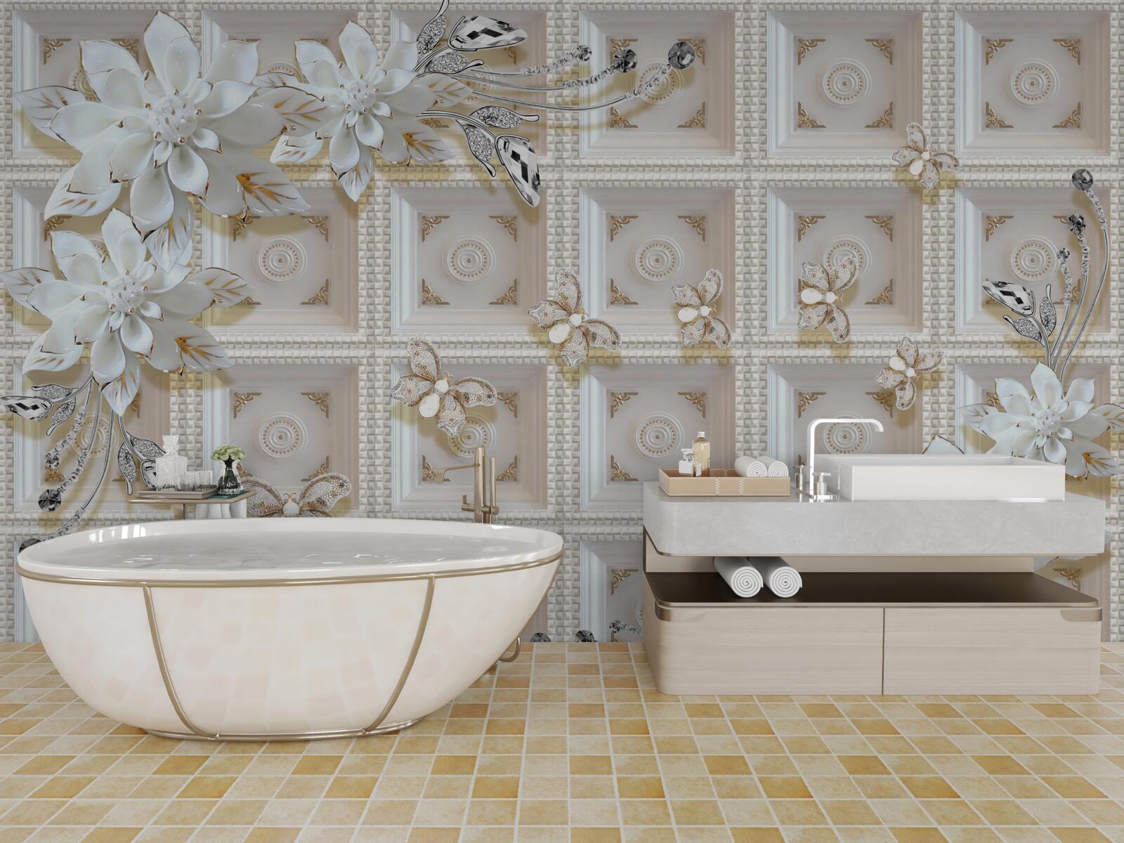 Fotobehang witte bloemen op een muurschildering