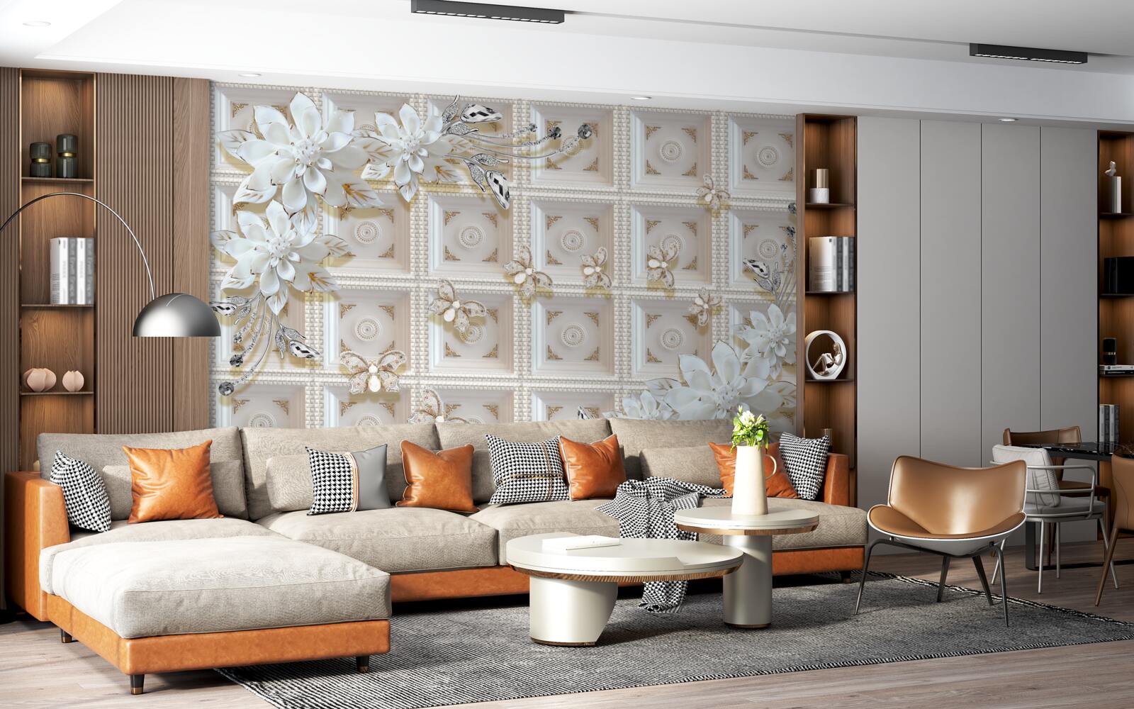 Fotobehang witte bloemen op een muurschildering